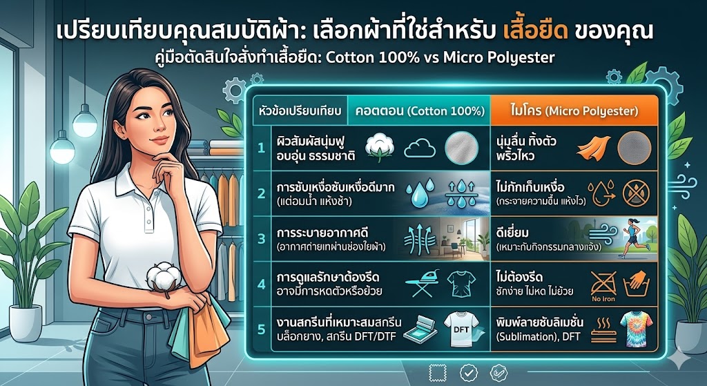 เสื้อยืด ผ้าคอตตอน vs ไมโคร ต่างกันอย่างไร? เลือกแบบไหนดีให้ตอบโจทย์ที่สุด (อัปเดต 2026) 7 เสื้อยืด