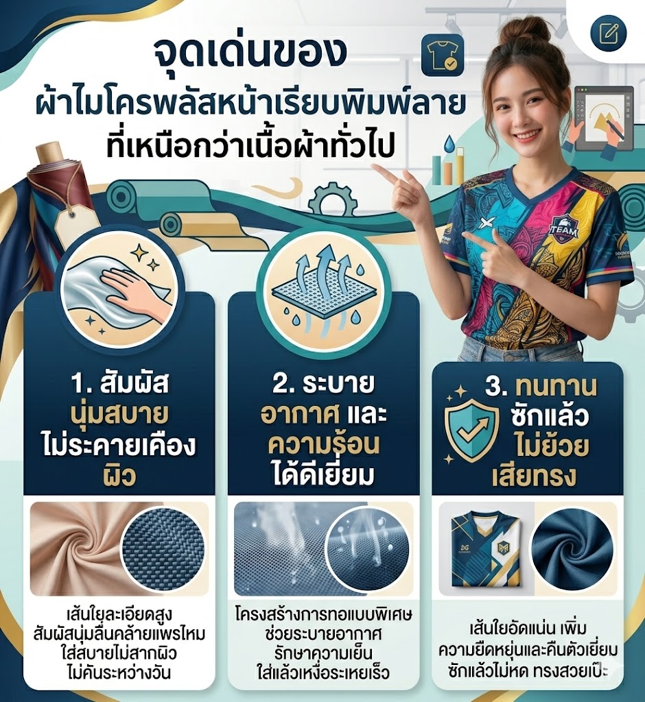 รับผลิตเสื้อทีม ผ้าไมโครพลัสหน้าเรียบพิมพ์ลาย สีสด ไม่ย้วย (อัปเดต 2026) 4 ผ้าไมโครพลัสหน้าเรียบพิมพ์ลาย