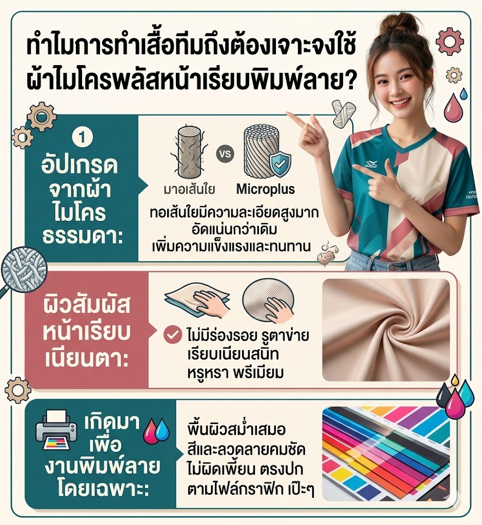 รับผลิตเสื้อทีม ผ้าไมโครพลัสหน้าเรียบพิมพ์ลาย สีสด ไม่ย้วย (อัปเดต 2026) 3 ผ้าไมโครพลัสหน้าเรียบพิมพ์ลาย สำหรับ