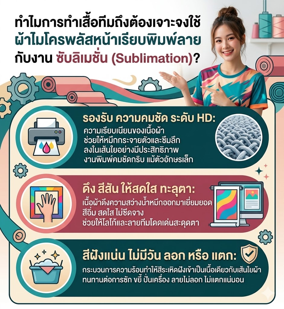 รับผลิตเสื้อทีม ผ้าไมโครพลัสหน้าเรียบพิมพ์ลาย สีสด ไม่ย้วย (อัปเดต 2026) 5 ผ้าไมโครพลัสหน้าเรียบพิมพ์ลาย สำหรับ