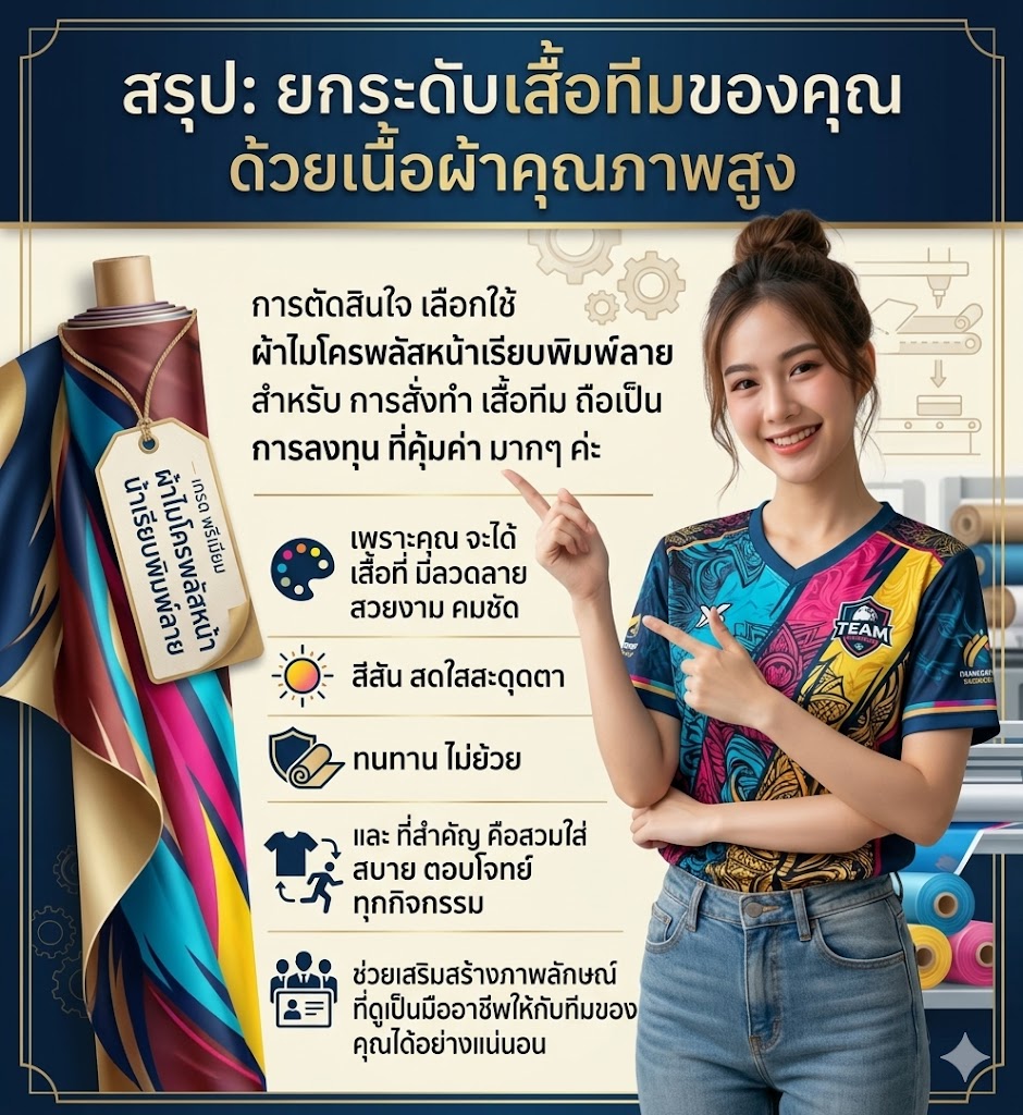 รับผลิตเสื้อทีม ผ้าไมโครพลัสหน้าเรียบพิมพ์ลาย สีสด ไม่ย้วย (อัปเดต 2026) 7 ผ้าไมโครพลัสหน้าเรียบพิมพ์ลาย สำหรับ