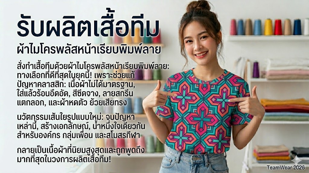 รับผลิตเสื้อทีม ผ้าไมโครพลัสหน้าเรียบพิมพ์ลาย สีสด ไม่ย้วย (อัปเดต 2026) 2 ผ้าไมโครพลัสหน้าเรียบพิมพ์ลาย