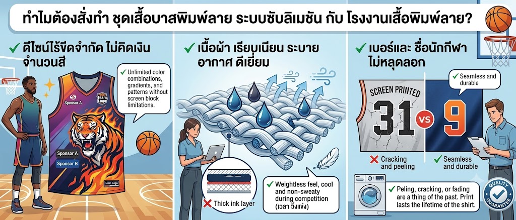 โรงงานเสื้อพิมพ์ลาย รับผลิตชุดเสื้อบาสพิมพ์ลาย ดีไซน์จัดเต็ม ขั้นต่ำน้อยเพียง 5 ตัว