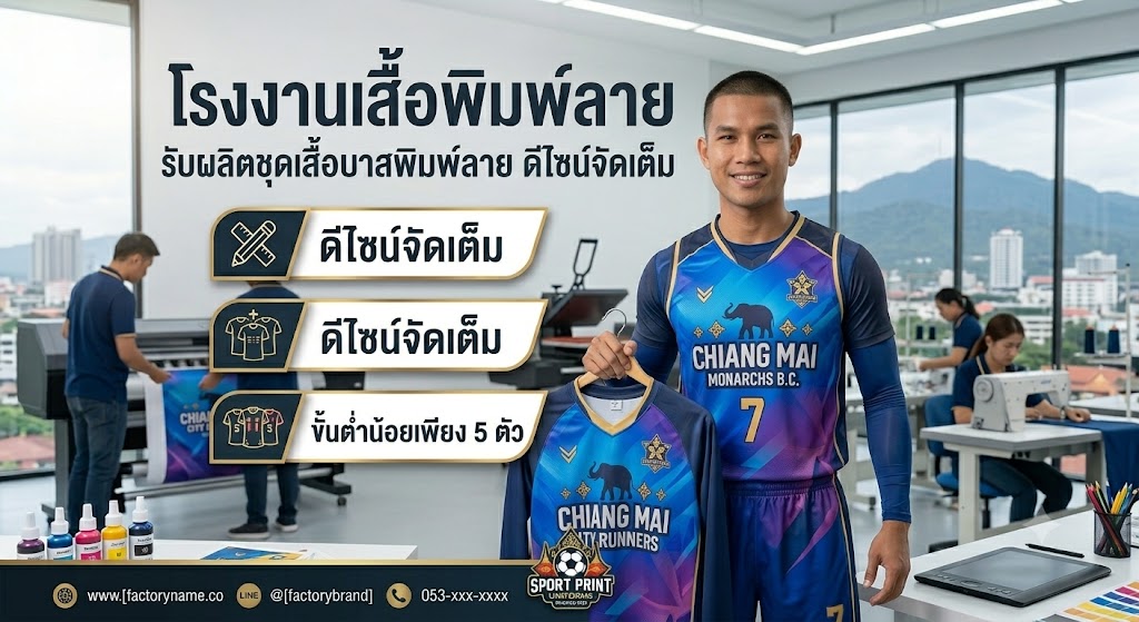 โรงงานเสื้อพิมพ์ลาย รับผลิตชุดเสื้อบาสพิมพ์ลาย ดีไซน์จัดเต็ม ขั้นต่ำน้อยเพียง 5 ตัว